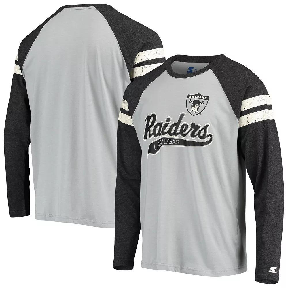 Men's Starter Silver/Black Las Vegas Raiders Throwback League Raglan Long Sleeve Tri-Blend T-Shirt, Size: Medium, Lvr Silver Product Image