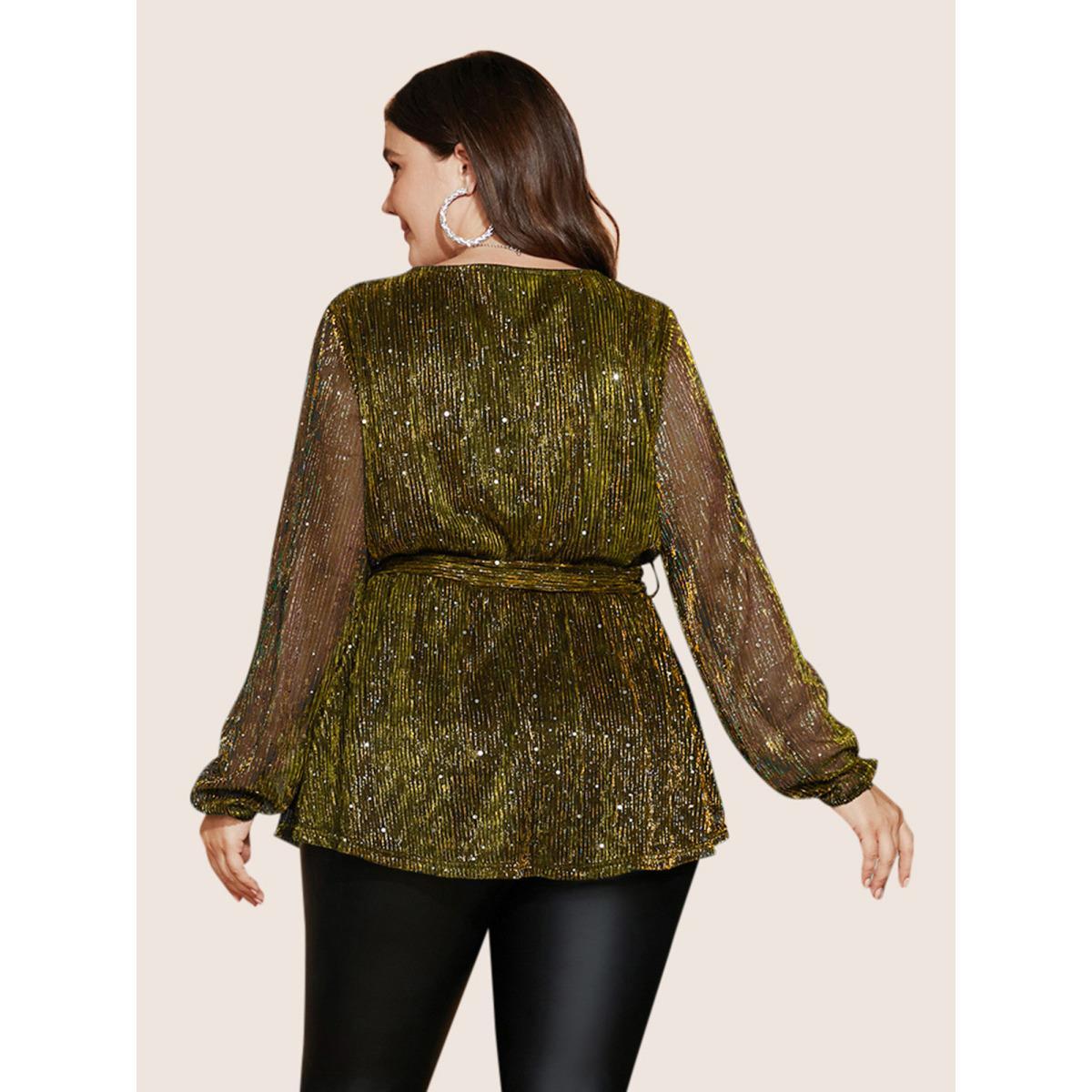 Plus Size Gold Sequin Mesh Lantern Sleeve Wrap Belted Striped Blouse Women Cocktail Long Sleeve Overlap Collar Party Blouses BloomChic 28/5X Product Image