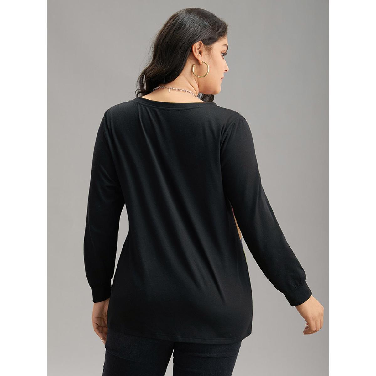 Plus Size Colorblock Contrast Notched Button Detail T-shirt Black Women Casual Contrast Striped Notched collar Dailywear T-shirts BloomChic 22-24/3X Product Image