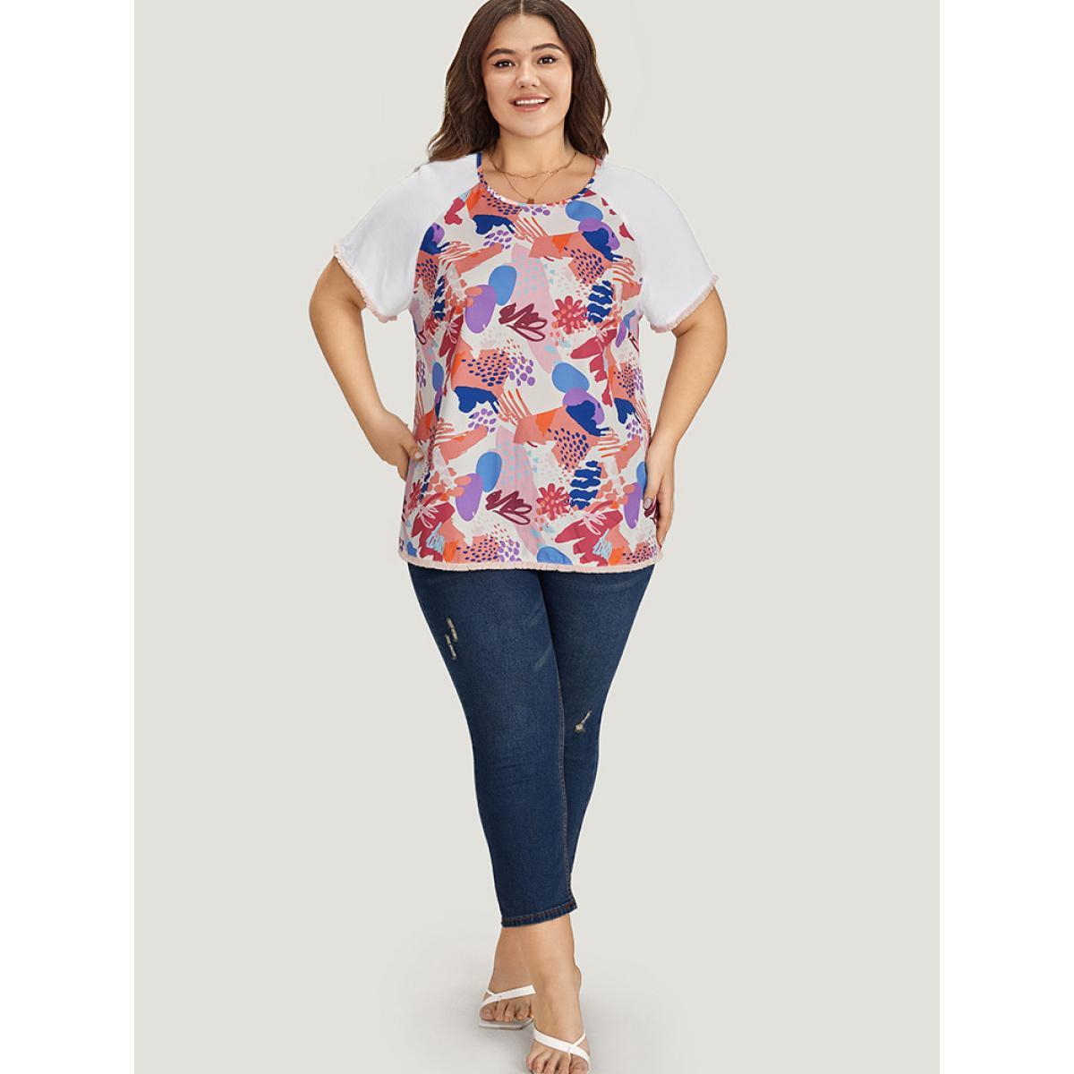 Plus Size Multicolor Graffiti Print Raw Hem Patchwork Raglan Sleeve Blouse Women Elegant Short sleeve Round Neck Dailywear Blouses BloomChic 14-16/1X Product Image