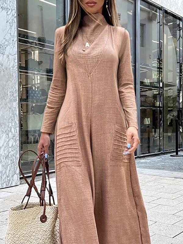 High Waisted Long Sleeves Pockets Solid Color High Neck Jumpsuits Product Image