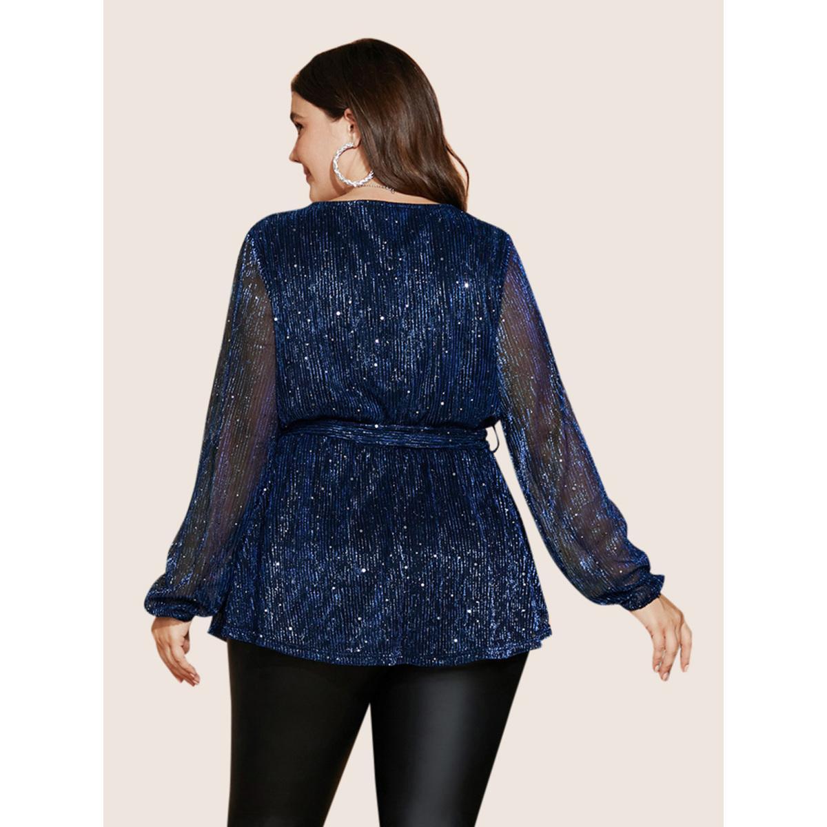 Plus Size DarkGreen Sequin Mesh Lantern Sleeve Wrap Belted Striped Blouse Women Cocktail Long Sleeve Overlap Collar Party Blouses BloomChic 22-24/3X Product Image