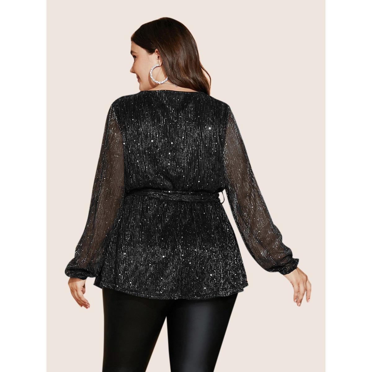 Plus Size DarkGreen Sequin Mesh Lantern Sleeve Wrap Belted Striped Blouse Women Cocktail Long Sleeve Overlap Collar Party Blouses BloomChic 26/4X Product Image