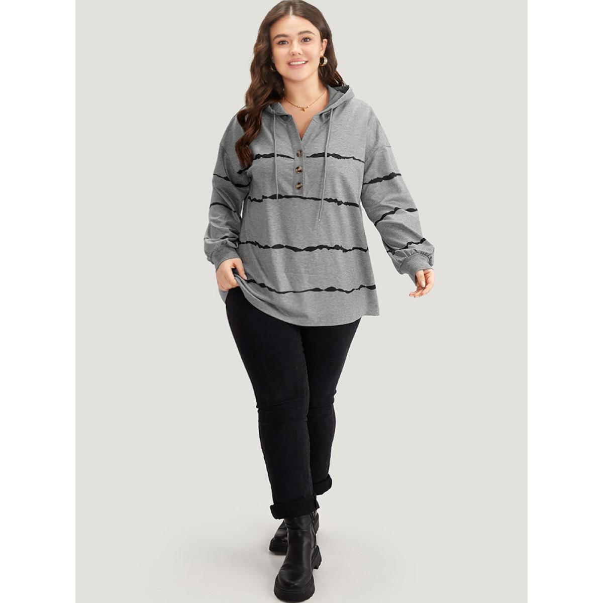 Plus Size Striped Drawstring Hooded Button Up Sweatshirt Women Gray Casual Elastic cuffs Hooded Dailywear Sweatshirts BloomChic 14-16/1X Product Image