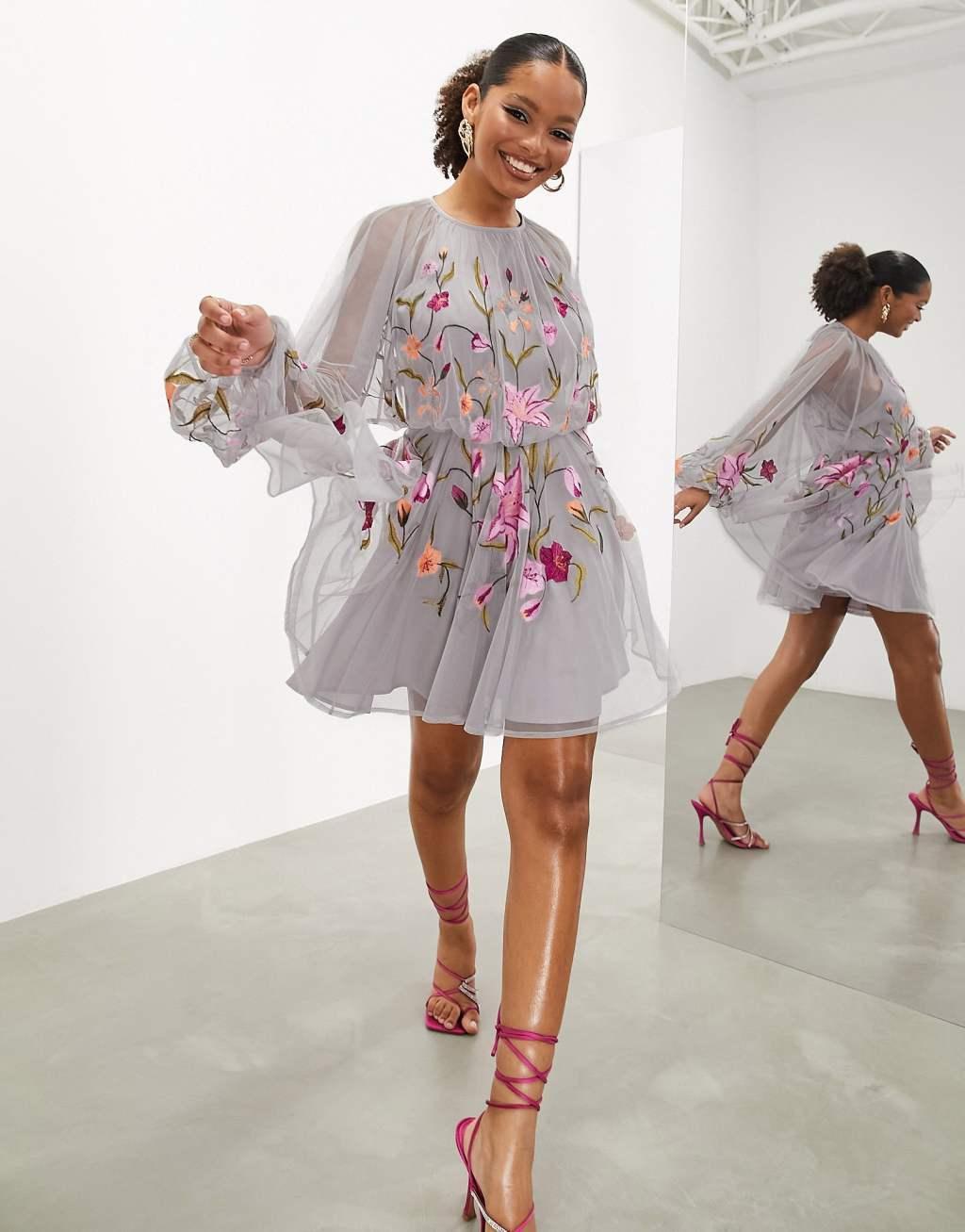 ASOS Edition mesh long sleeve mini dress with floral embroidery Product Image