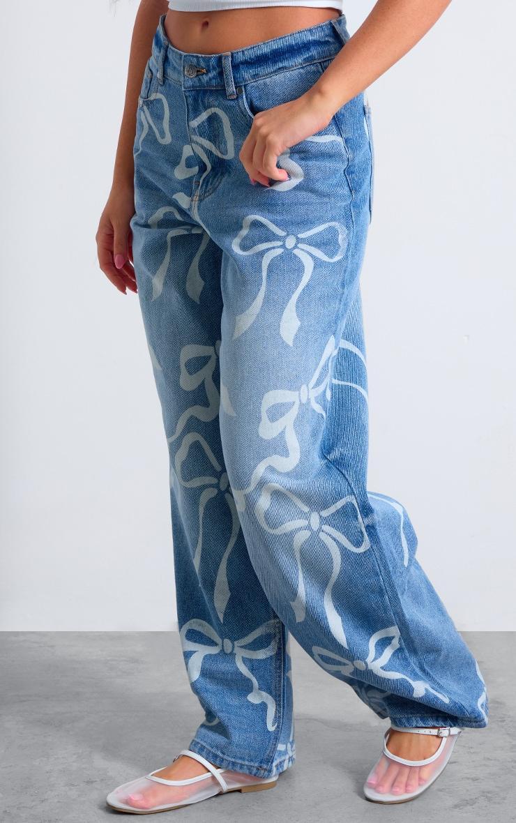 Light Blue Ribbon Laser Print Wide Leg Jeans Product Image