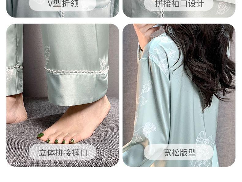 Pajama Set: Long-Sleeve Lapel Collar Floral Print Lace Trim Button-Up Top + Pants Product Image