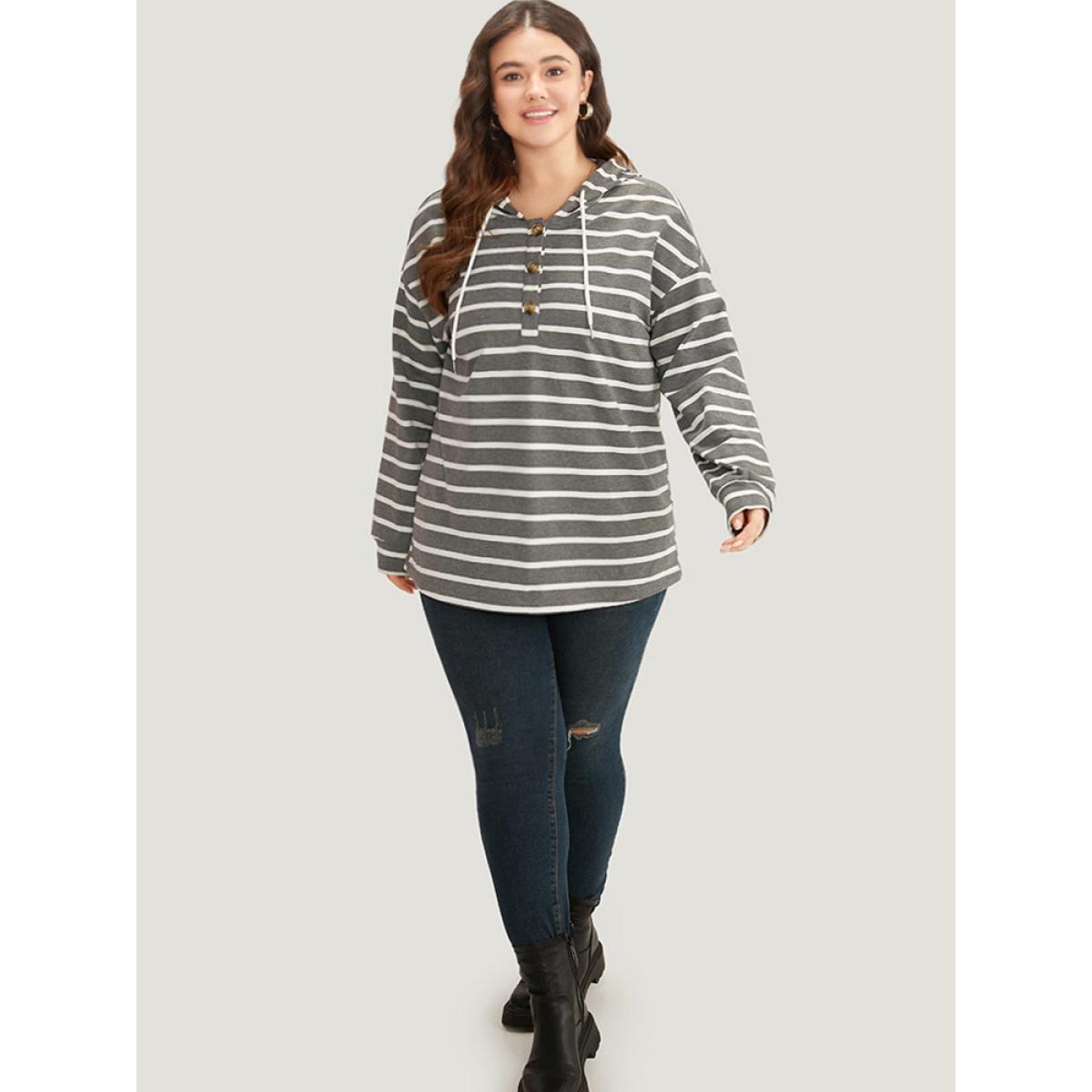 Plus Size Striped Button Up Hooded Sweatshirt Women Gray Casual Button Hooded Dailywear Sweatshirts BloomChic 18-20/2X Product Image