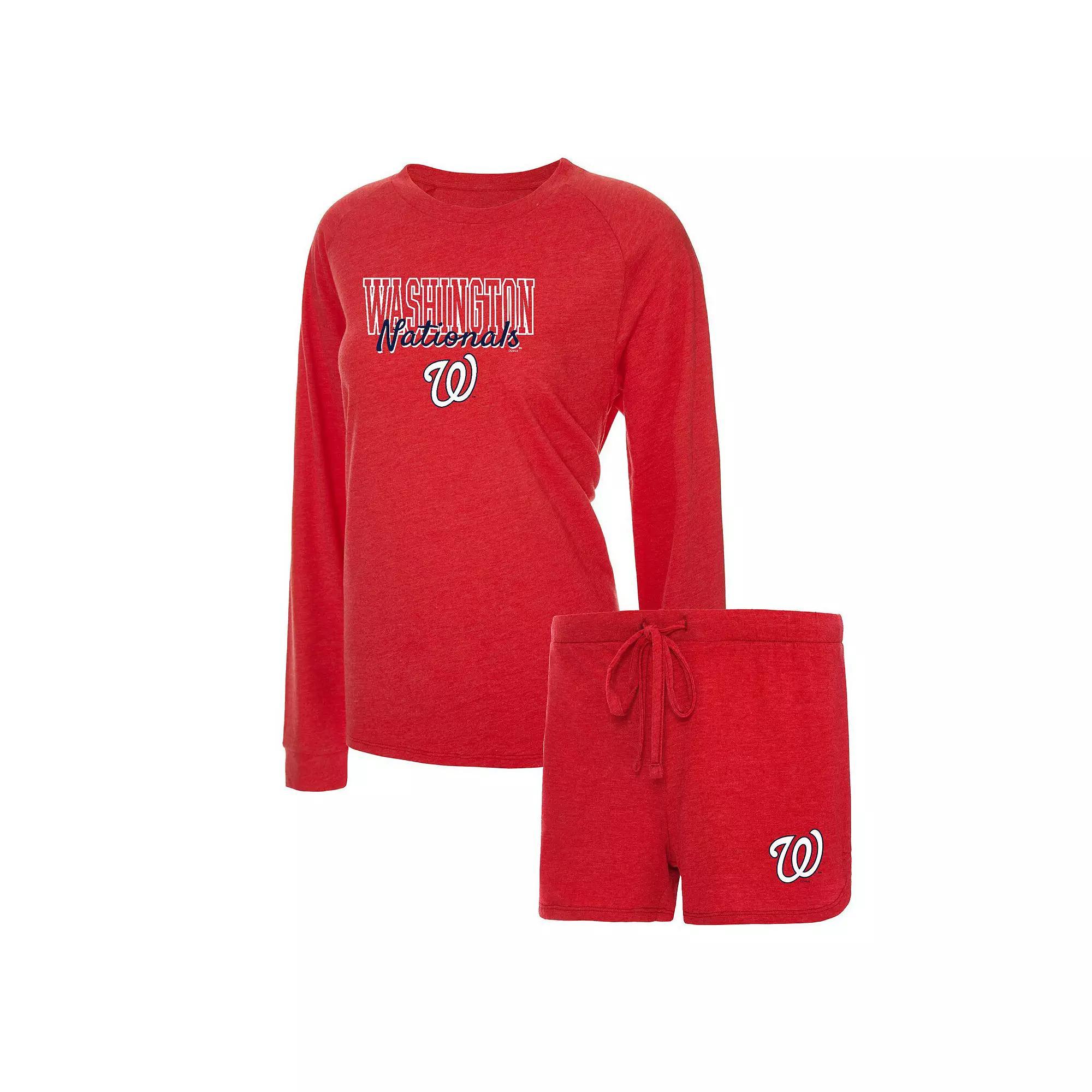 Women's Concepts Sport Heather Red Washington Nationals Meter Knit Raglan Long Sleeve T-Shirt & Shorts Sleep Set, Size: XL Product Image