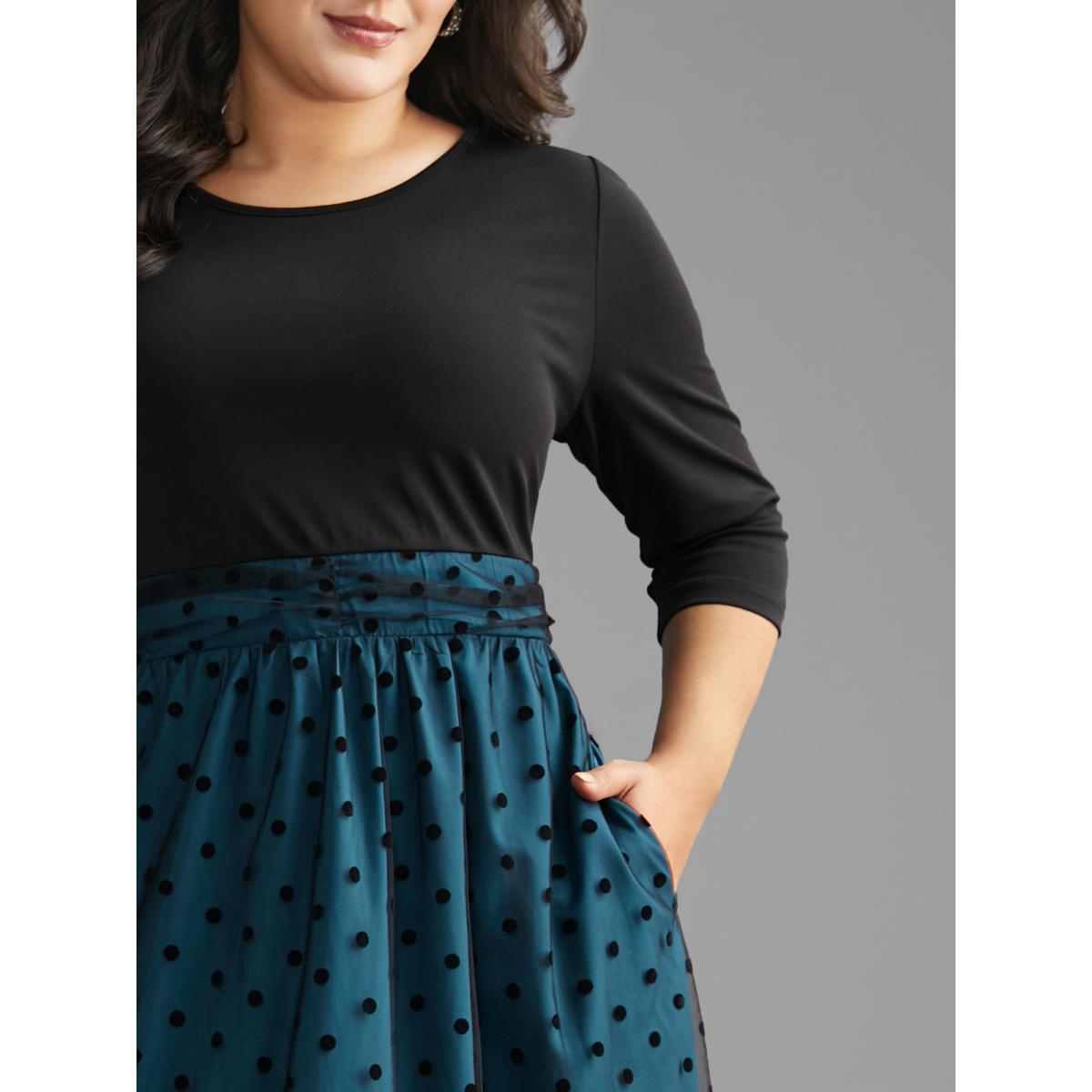 Plus Size Polka Dot Flocking Mesh Patchwork Dress Teal Women Elegant Gathered Round Neck Elbow-length sleeve Curvy BloomChic 18-20/2X Product Image