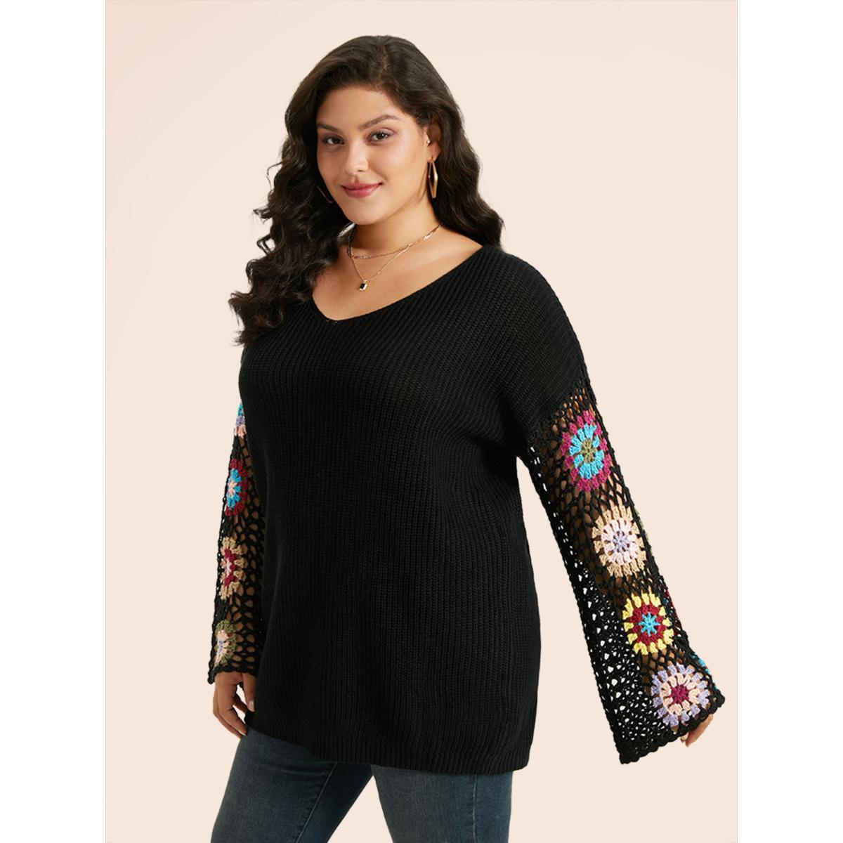 Plus Size Floral Embroidered Hollow Out Pullover Black Women Casual Long Sleeve V-neck Everyday Pullovers BloomChic 10/M Product Image