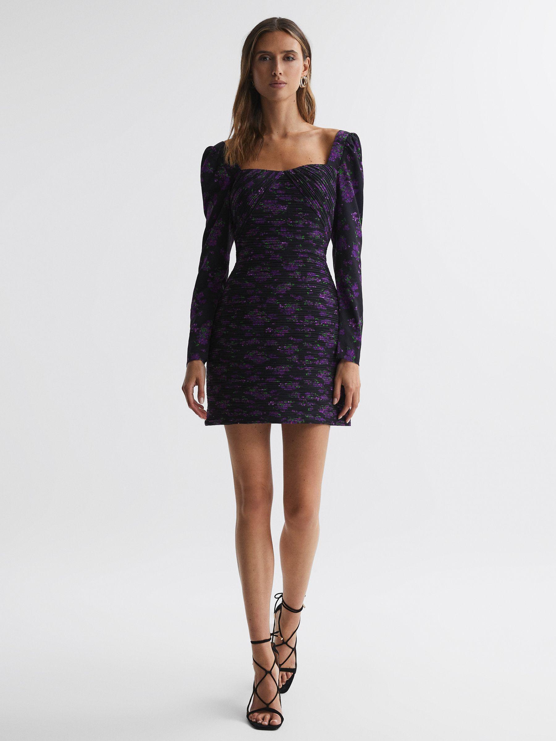 Amur Pleated Floral Bodycon Mini Dress in Hydrangea Berry Product Image