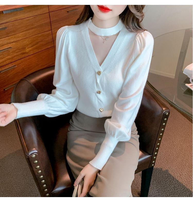 Long-Sleeve Halter Plain Cutout Heart Button Ribbed Knit Top Product Image