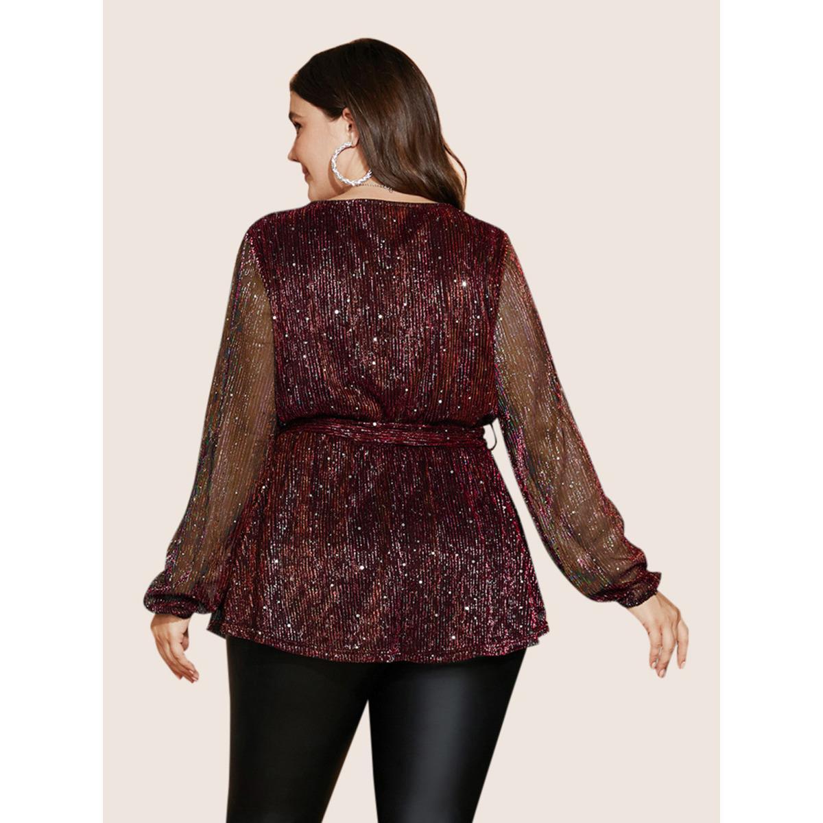 Plus Size Scarlet Sequin Mesh Lantern Sleeve Wrap Belted Striped Blouse Women Cocktail Long Sleeve Overlap Collar Party Blouses BloomChic 22-24/3X Product Image