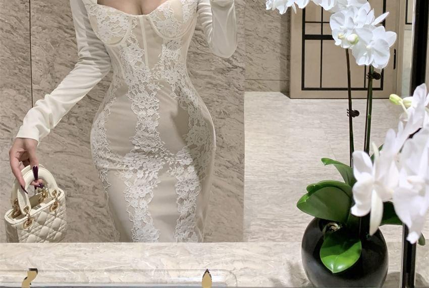 Long Sleeve Square Neck Floral Lace Maxi Bodycon Dress Product Image