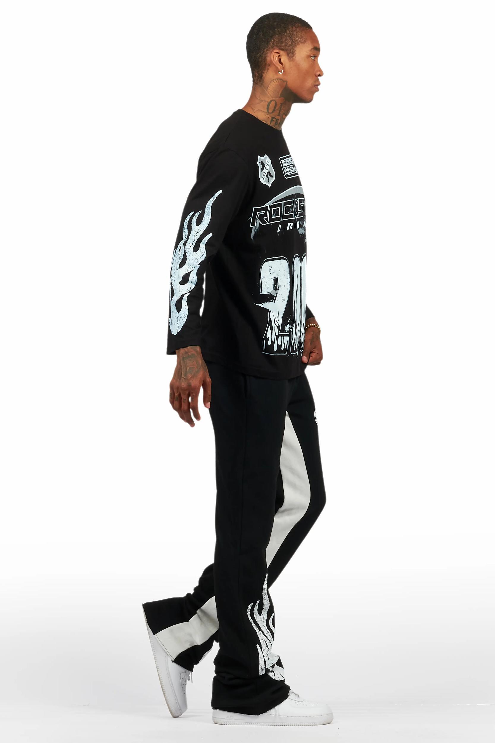 Amos Black/White Long Sleeve T-Shirt/Stacked Baggy Pant Set Male Product Image