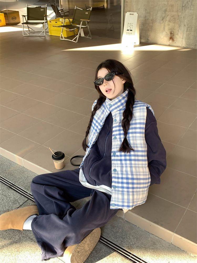 Stand Collar Plain Fleece Zip Jacket / Plaid Padded Button Vest / Drawstring Waist Wide Leg Sweatpants Product Image