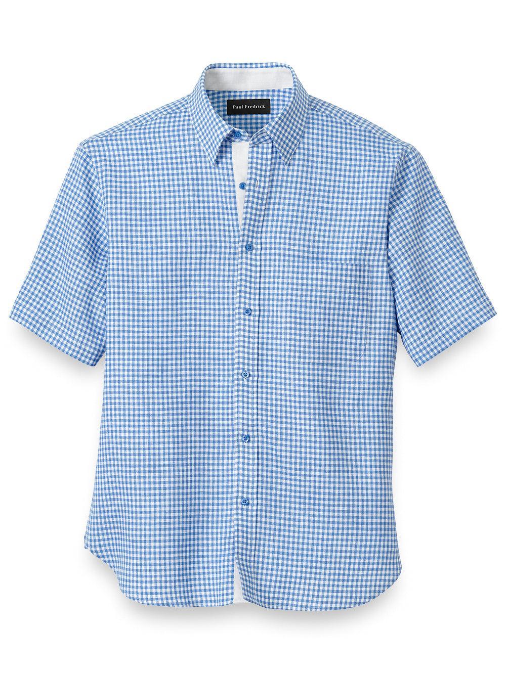 Linen Gingham Check Casual Shirt - Blue Product Image