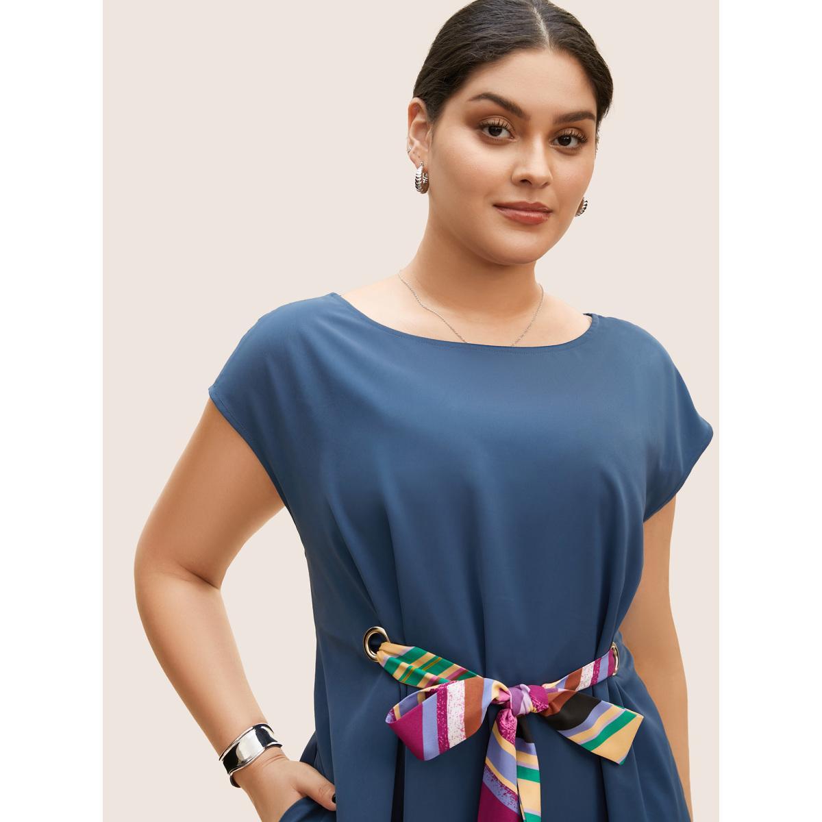 Plus Size Round Neck Striped Tie Knot Cap Sleeve Dress DarkBlue Women At the Office Tie knot Round Neck Cap Sleeve Curvy BloomChic 30/6X Product Image
