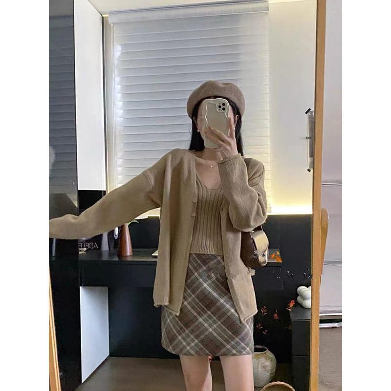 Set: V-Neck Ribbed Knit Cami Top + Cardigan Product Image