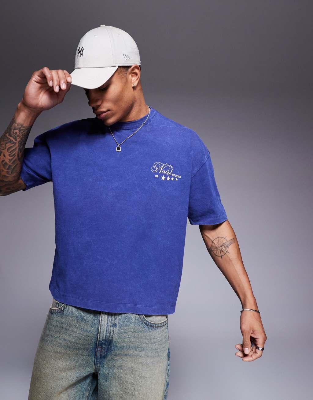 ASOS DESIGN boxy oversized t-shirt in heavyweight 220gsm washed blue with text graphic Product Image