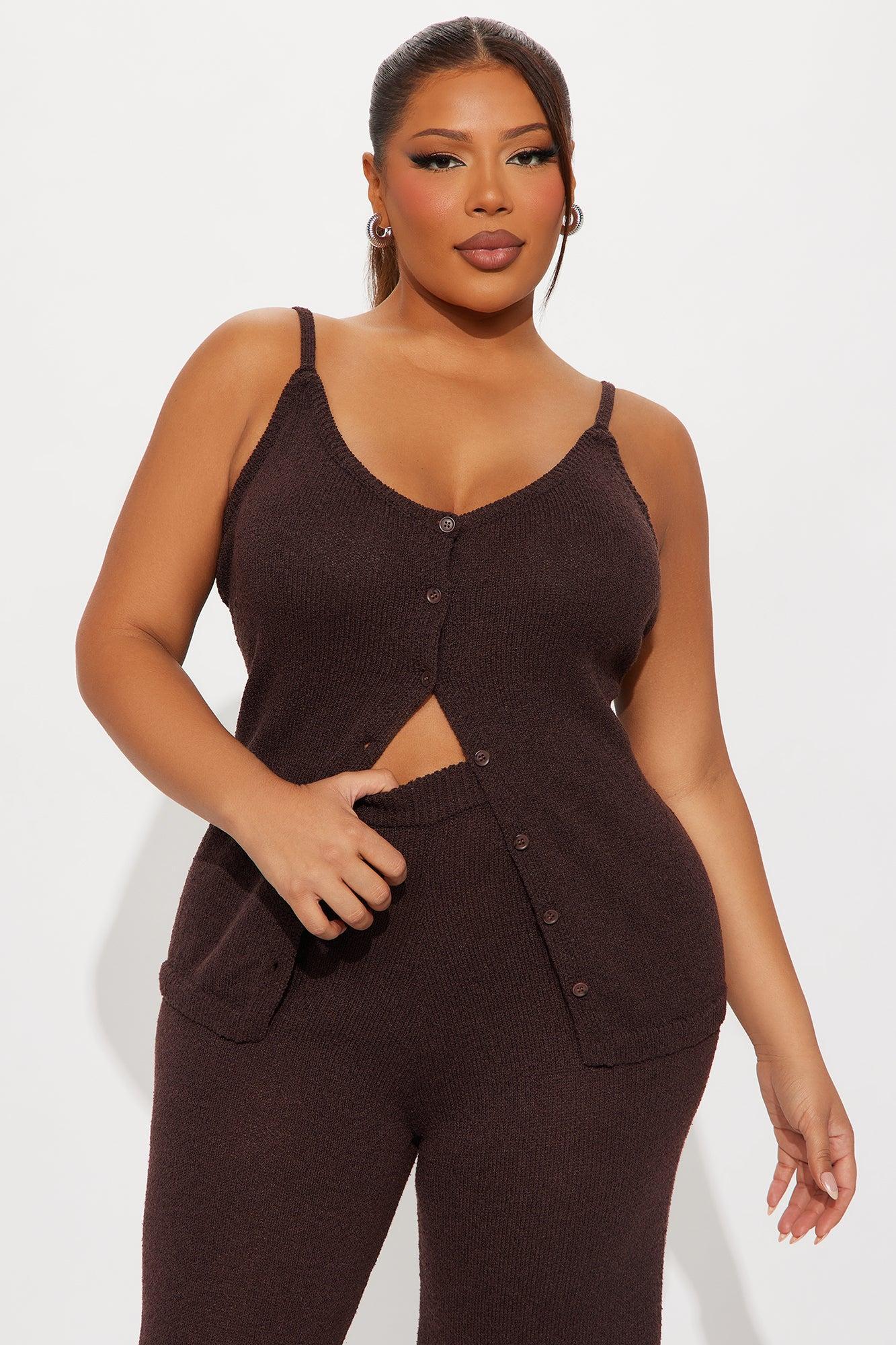 Bella Button Front Knit Pant Set - Chocolate Product Image