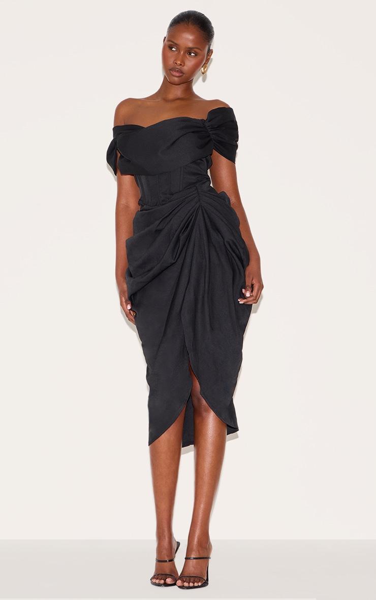 Black Corset Bardot Draped Midi Dress Product Image