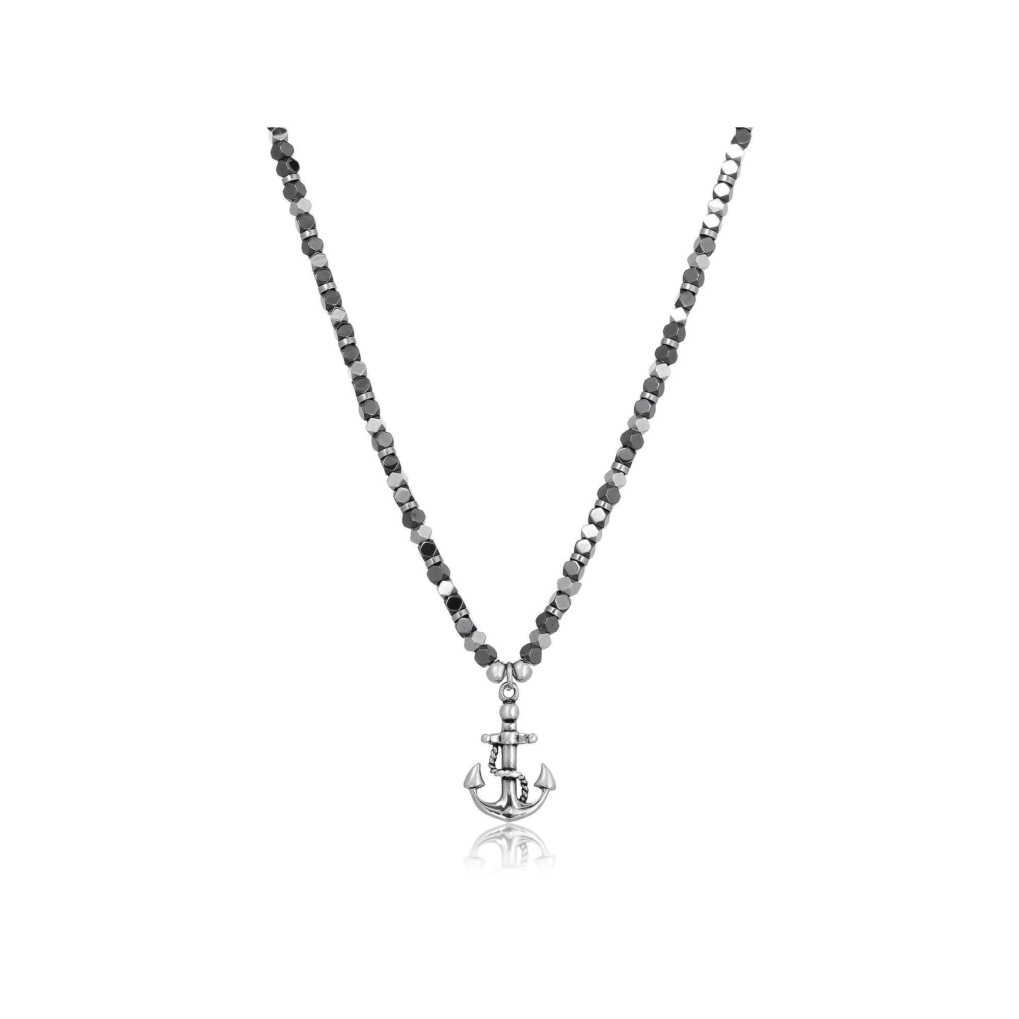 Men's LYNX Black Ion-Plated Stainless Steel & Hematite Bead Chain Anchor Pendant Necklace, Size: 24" Product Image