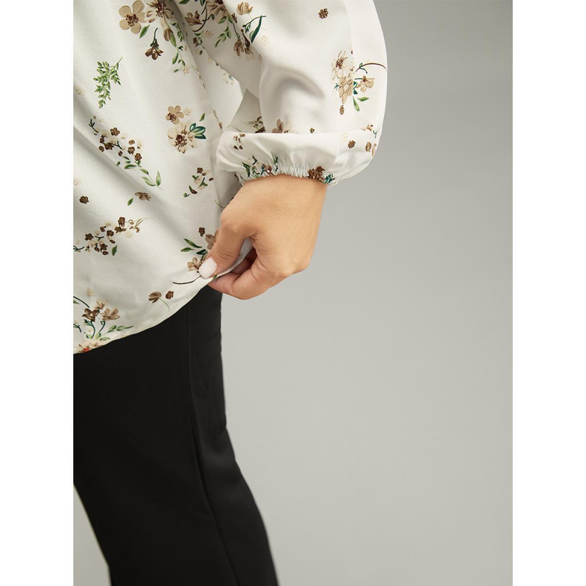 Plus Size Ivory Floral Print Buckle Detail Gathered Bell Sleeve Blouse Women Elegant Long Sleeve V-neck Dailywear Blouses BloomChic 12/L Product Image