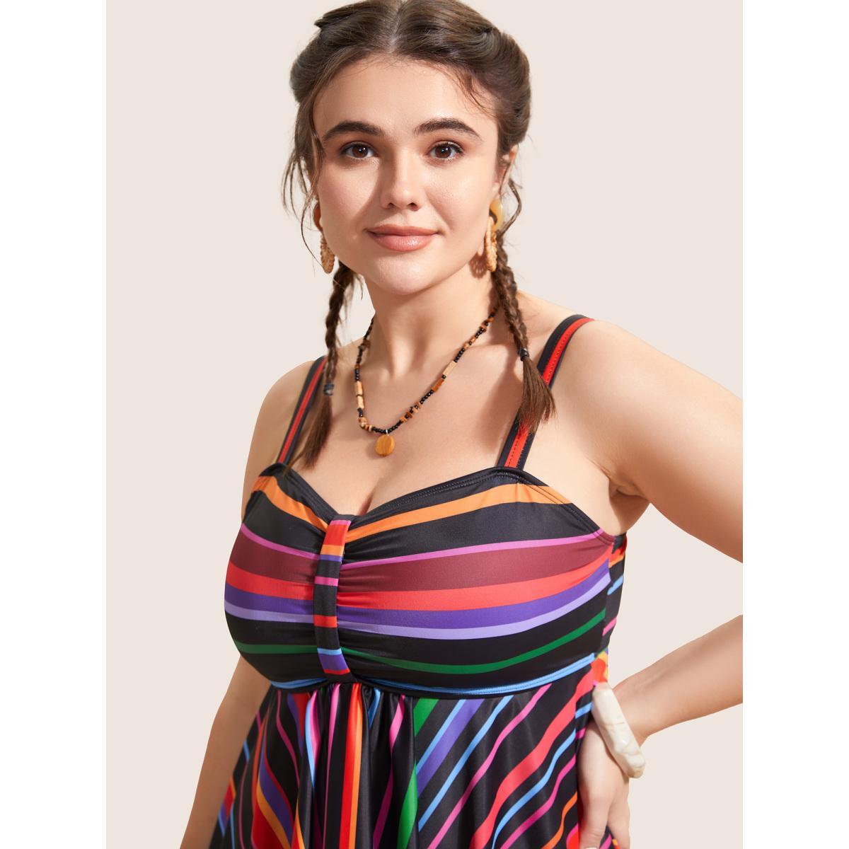 Plus Size Heart Neckline Striped Contrast Gathered Swim Top Women's Swimwear Black Beach Gathered High stretch Bodycon Heart neckline Curve Swim Tops BloomChic 30/6X Product Image