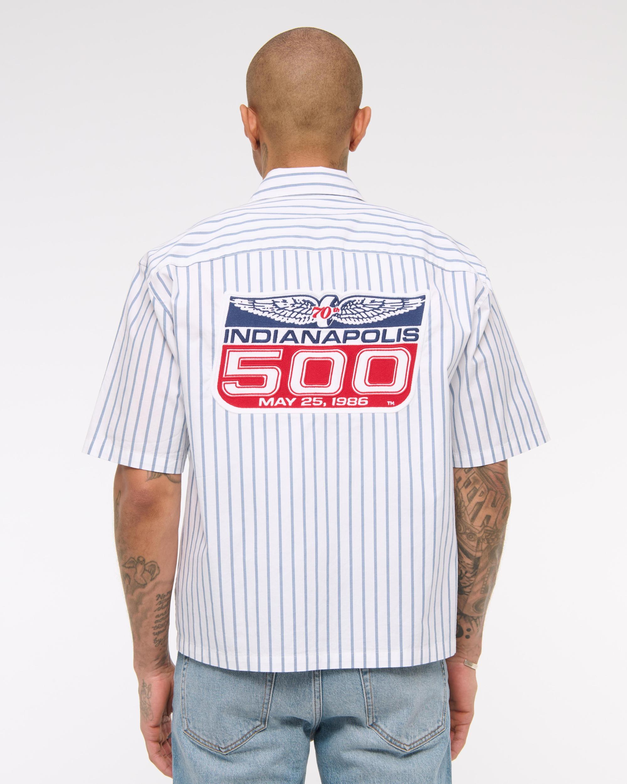 Short-Sleeve Cropped Racing Workwear Button-Up Shirt Product Image