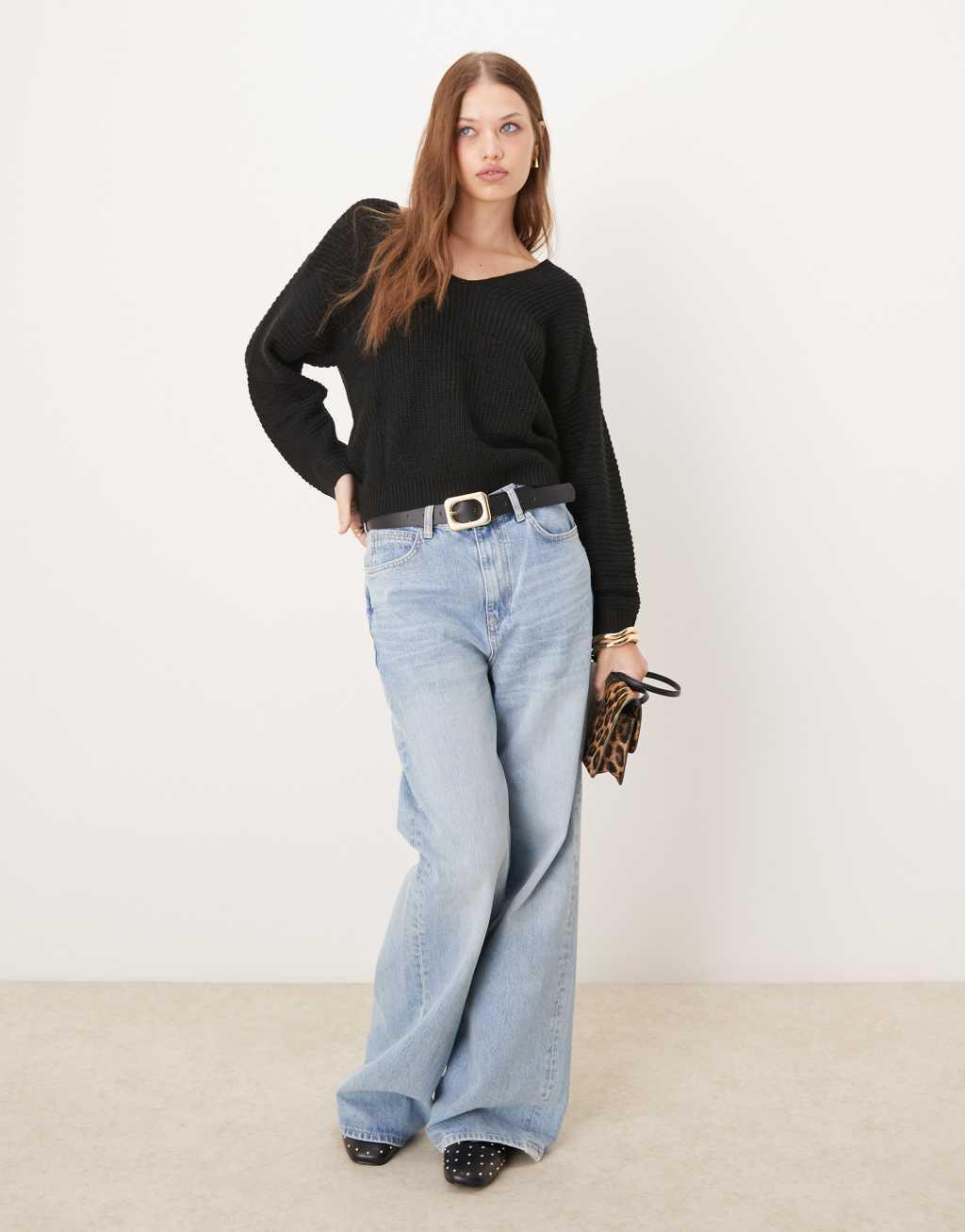 JDY reversible ribbed knit sweater in black Product Image