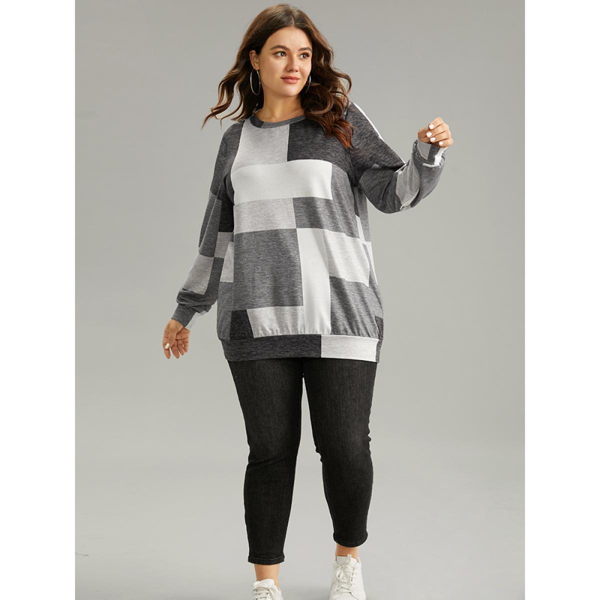 Plus Size Asymmetrical Colorblock Contrast Crew Neck Sweatshirt Women Black Casual Contrast Round Neck Dailywear Sweatshirts BloomChic 18-20/2X Product Image