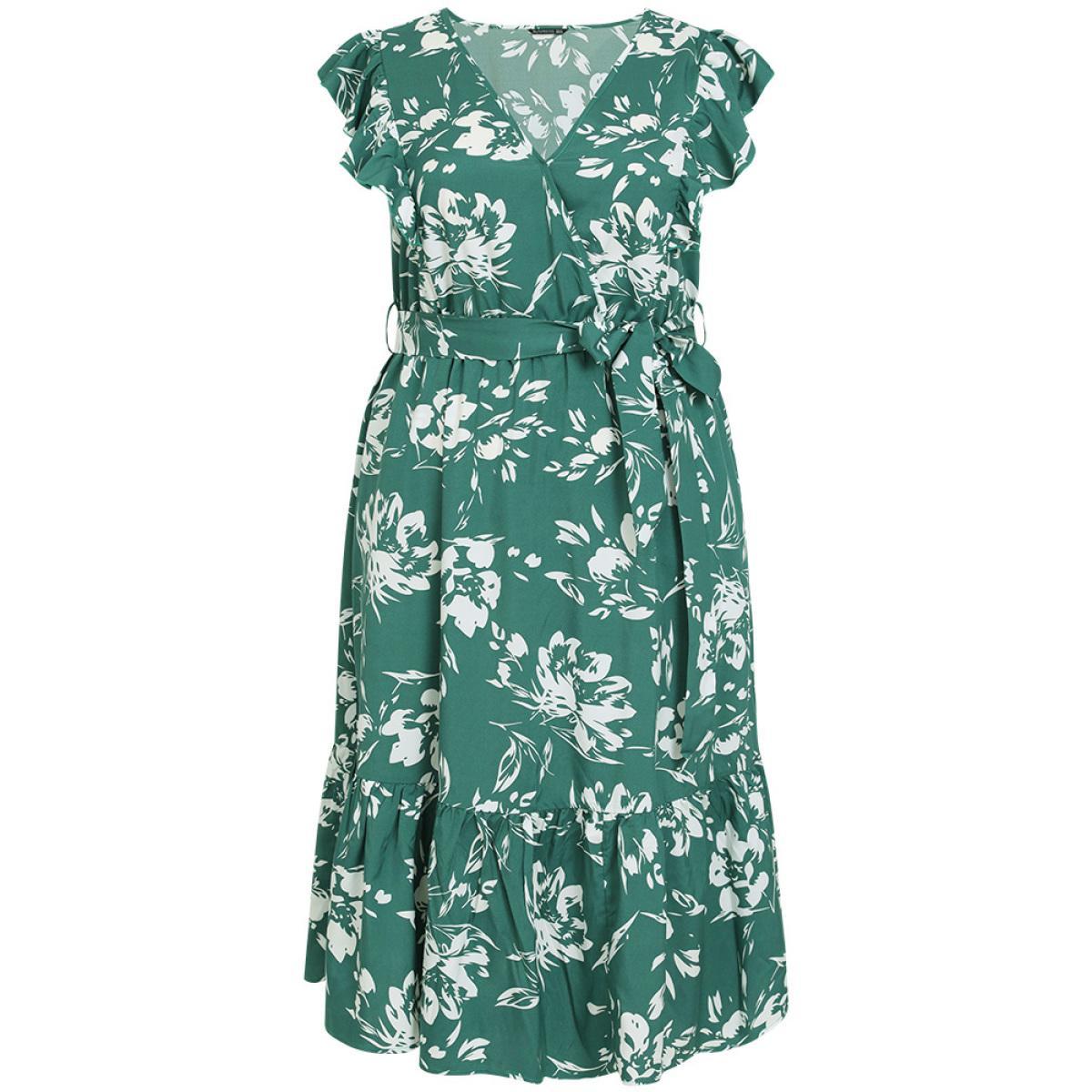 Plus Size Floral Print Belted Ruffle Cap Sleeve Pocket Dress Green Women Elegant Wrap V-neck Cap Sleeve Curvy Midi Dress BloomChic 14-16/1X Product Image
