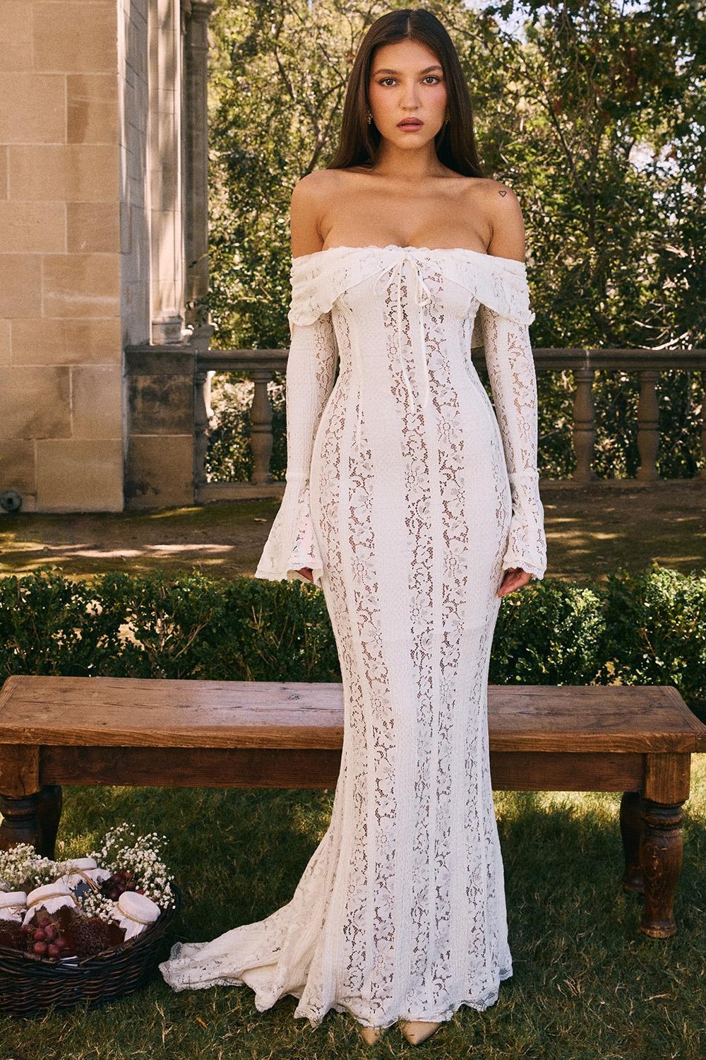 Belle  vintage cream floral lace off shoulder maxi dress Product Image