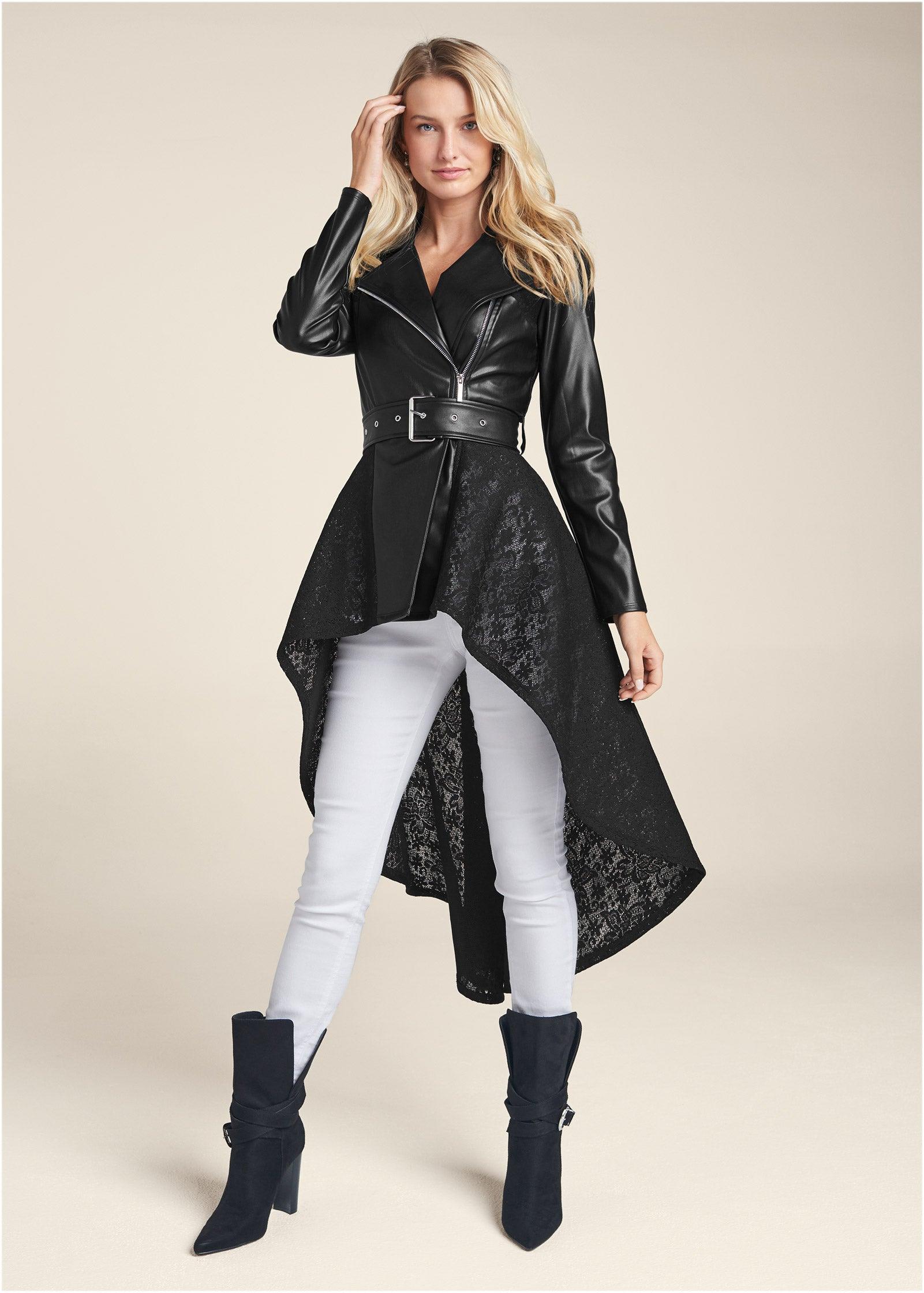 Faux Leather And Lace Detail Trench Coat - Black Product Image