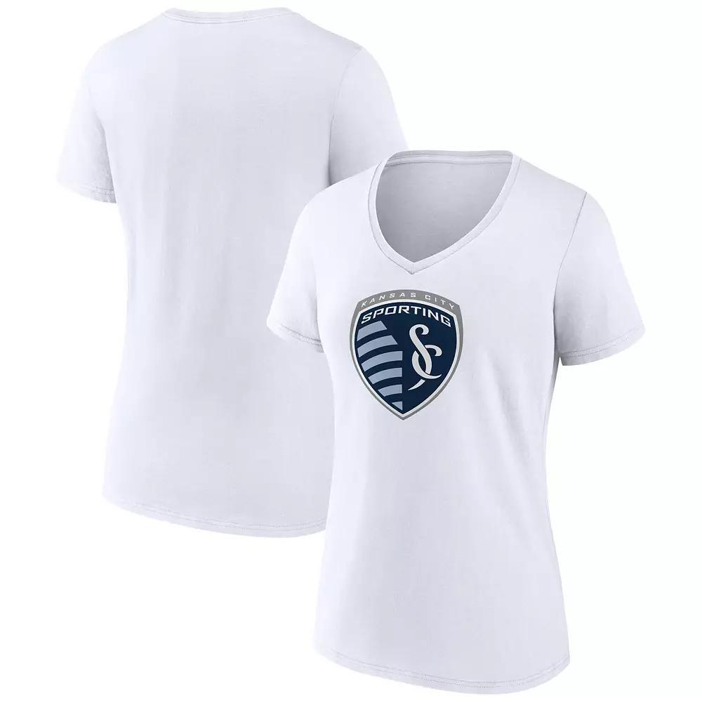 Women's Fanatics White Sporting Kansas City Evergreen Logo V-Neck T-Shirt, Size: Medium Product Image