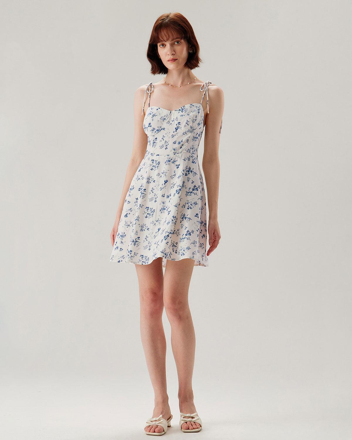 White Floral Shirred Tie Strap Mini Dress Product Image
