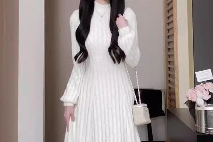 Long-Sleeve V-Neck Mock Two-Piece Asymmetrical Lace Panel Layered Midi A-Line Knit Dress / Mock Neck Dress Product Image