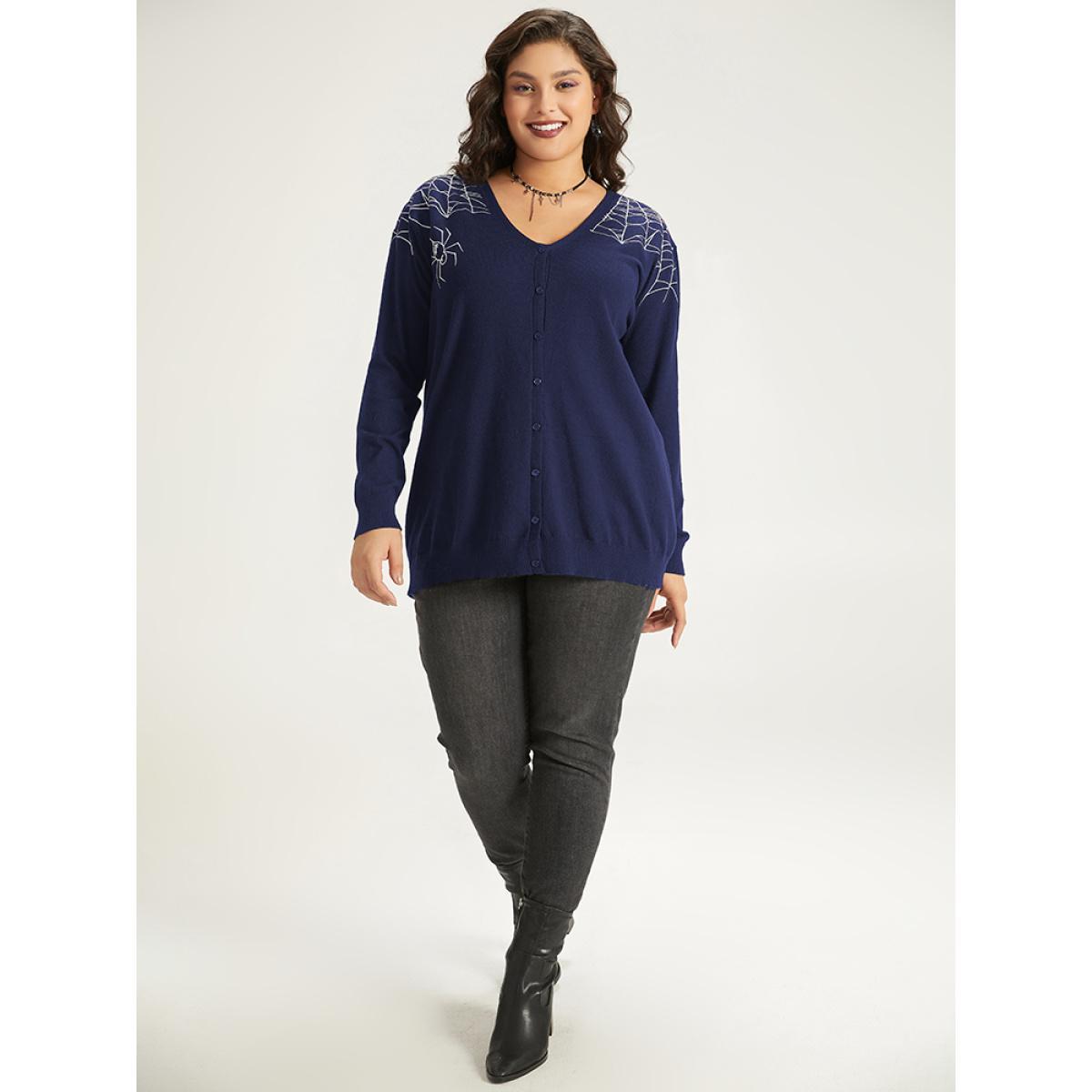 Plus Size Supersoft Essentials Halloween Spider Web Button Through Cardigan Indigo Women Casual Loose Long Sleeve Dailywear Cardigans BloomChic 22-24/3X Product Image