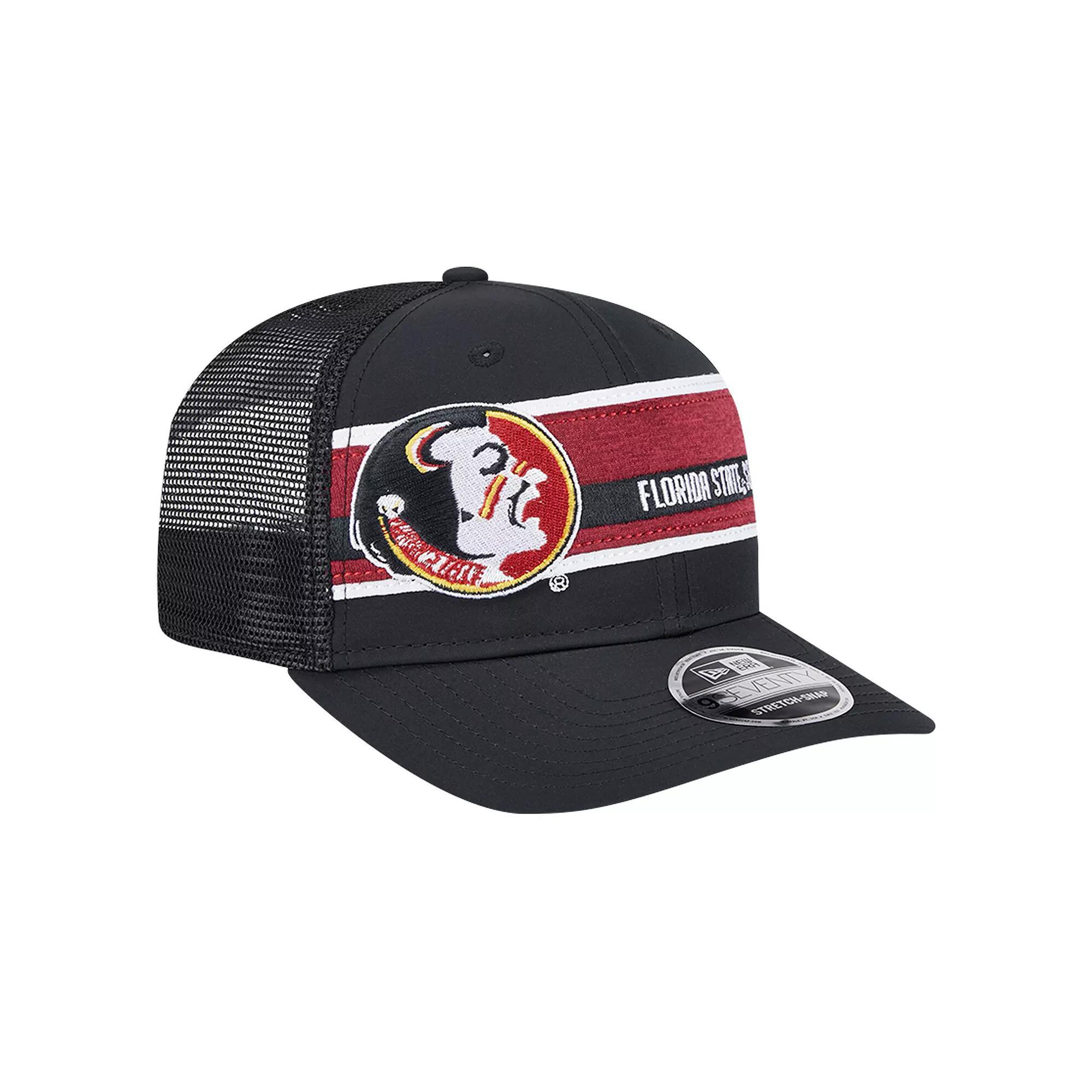 Men's New Era Black/Garnet Florida State Seminoles Striped 9SEVENTY Trucker Stretch-Snap Adjustable Hat Product Image