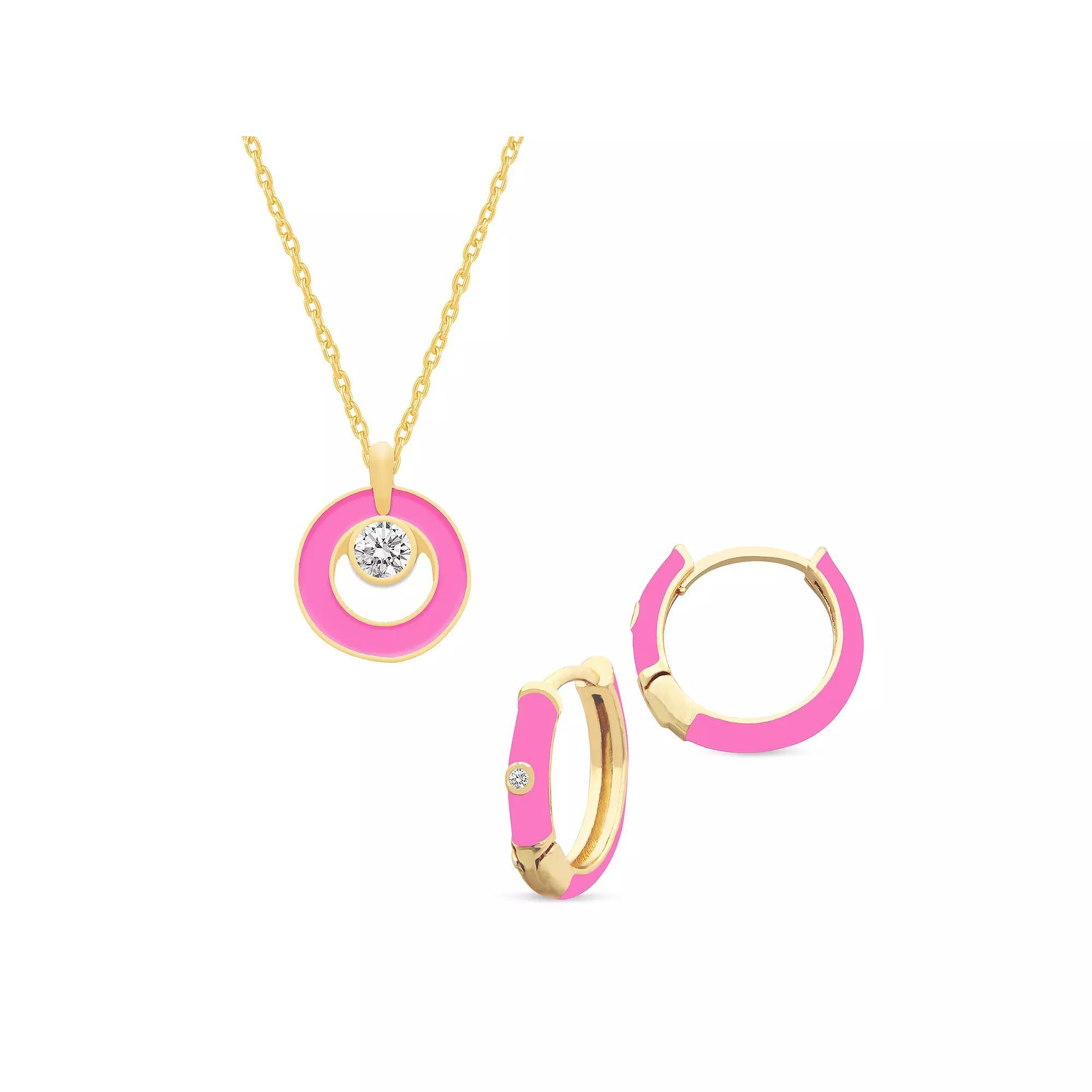 Royal Aura Gold Tone Pink Enamel & Crystal Orbital Pendant Necklace & Huggie Earrings Set, Women's, Size: 17" Product Image