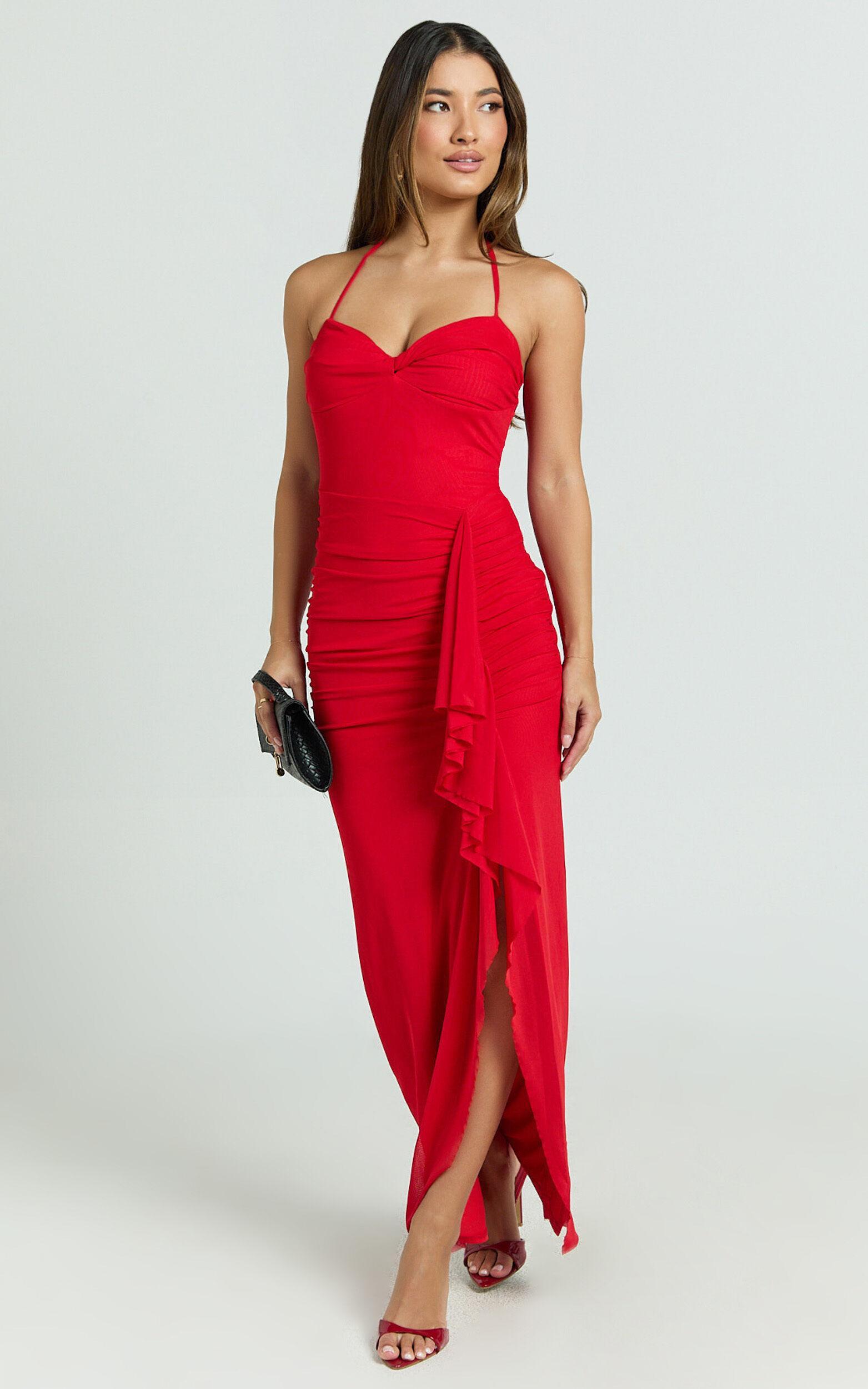 Silvana Maxi Dress - Halter Ruched Side Split Dress in Red Product Image