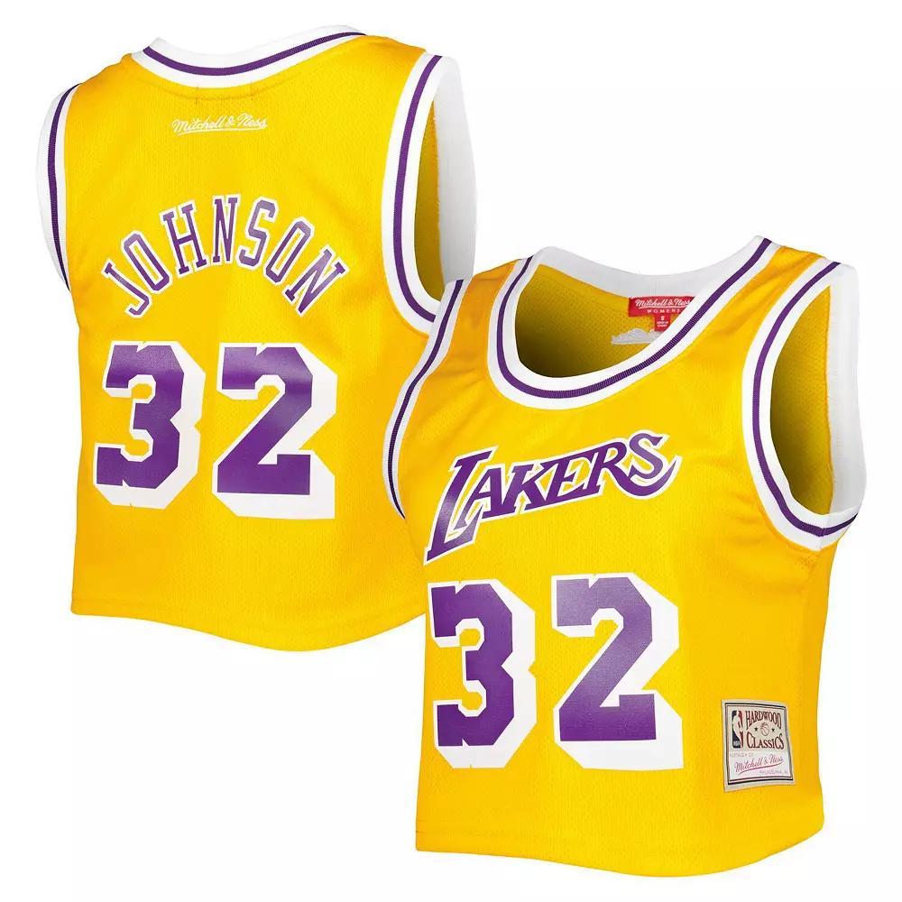 Women's Mitchell & Ness Magic Johnson Gold Los Angeles Lakers 1984 Hardwood Classics Crop Player Tank Top, Size: Small Product Image