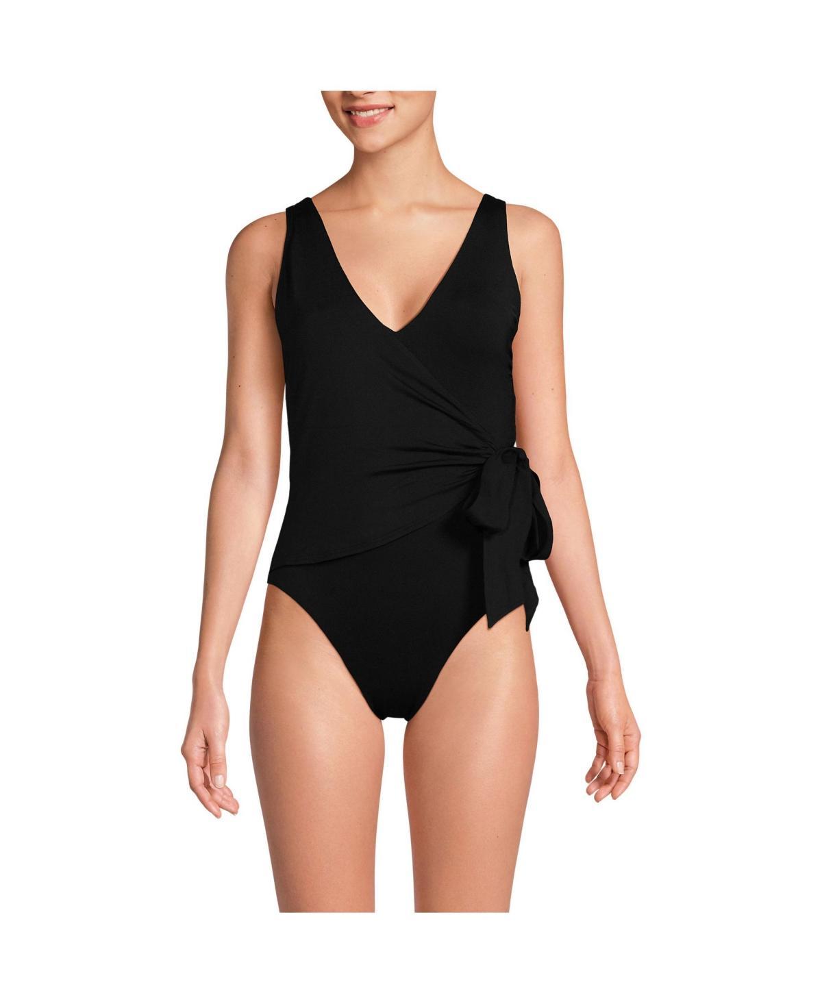 Women's Lands' End Side Tie Wrap High Leg One-Piece Swimsuit, Size: 8, Black Product Image