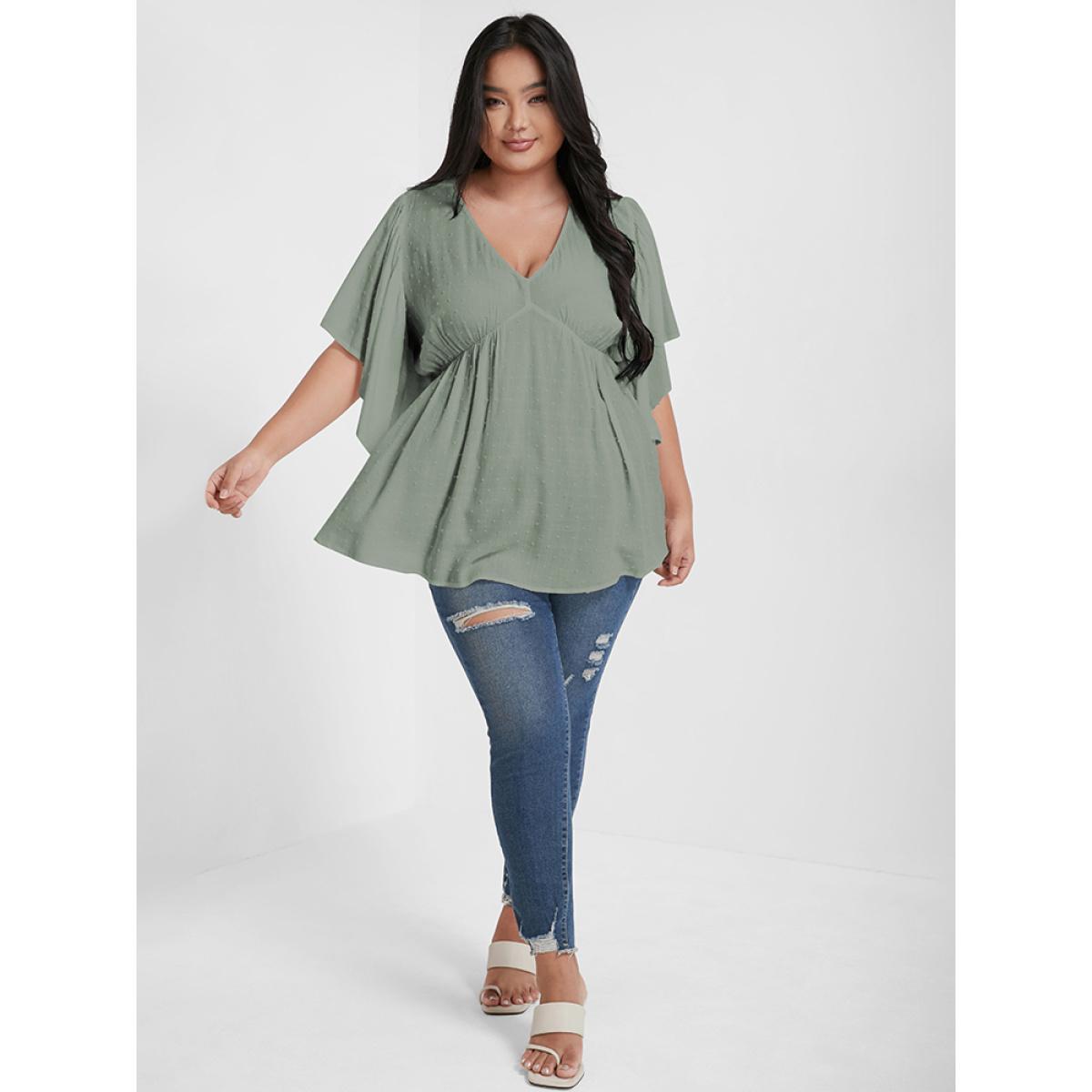 Plus Size Green Solid Polka Dot V Neck Flutter Sleeve Blouse Women Elegant Short sleeve V-neck Dailywear Blouses BloomChic 16/1X Product Image