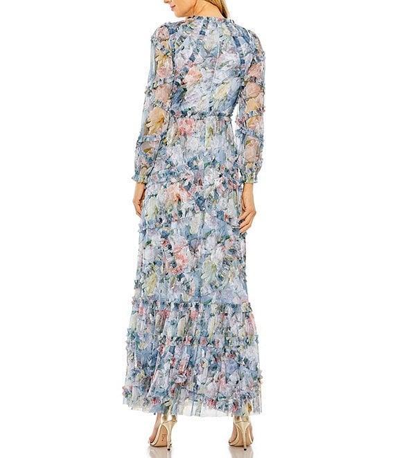 Mac Duggal Floral Print Chiffon High Neck Long Sleeve Ruffle Tiered A-Line Dress Product Image