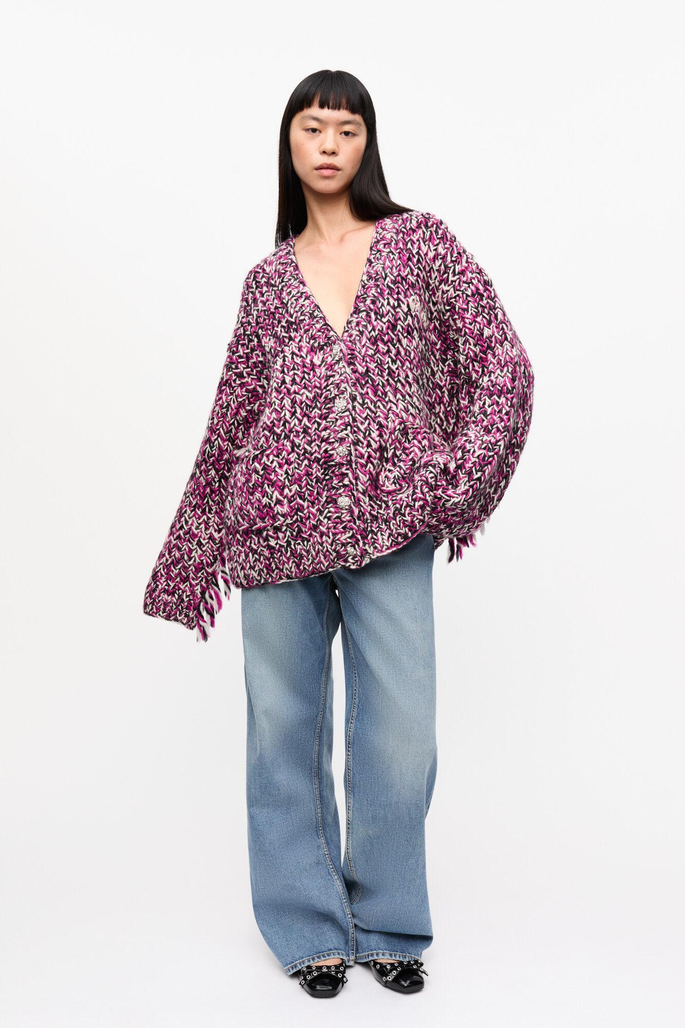 Purple Fringe Wool Handknit Cardigan Product Image