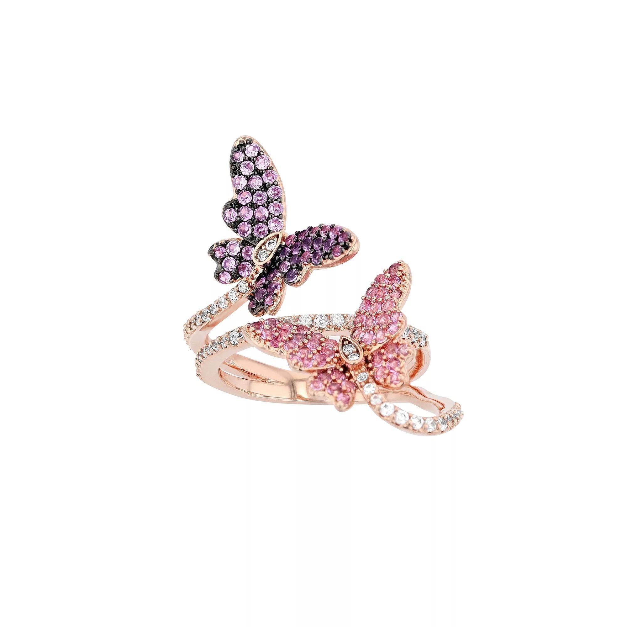18k Rose Gold Over Silver Pink & Purple Cubic Zirconia Butterfly Ring, Womens Multicolor Product Image