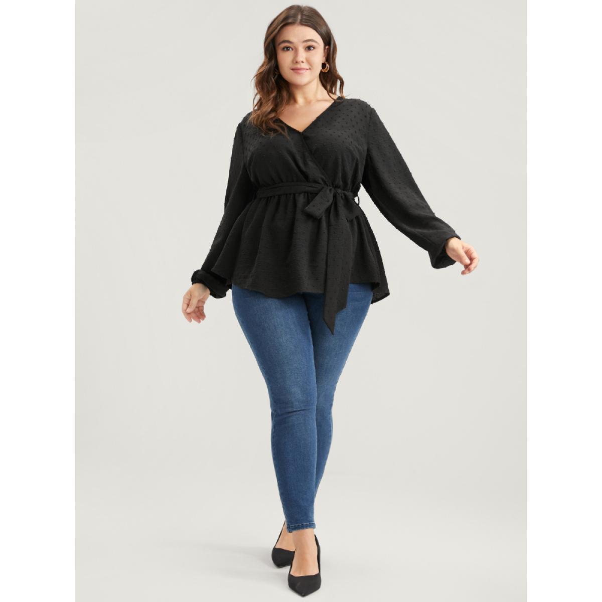 Plus Size Black Polka Dot Wrap Belted Ruffles Blouse Women Elegant Long Sleeve V-neck Dailywear Blouses BloomChic 26/4X Product Image